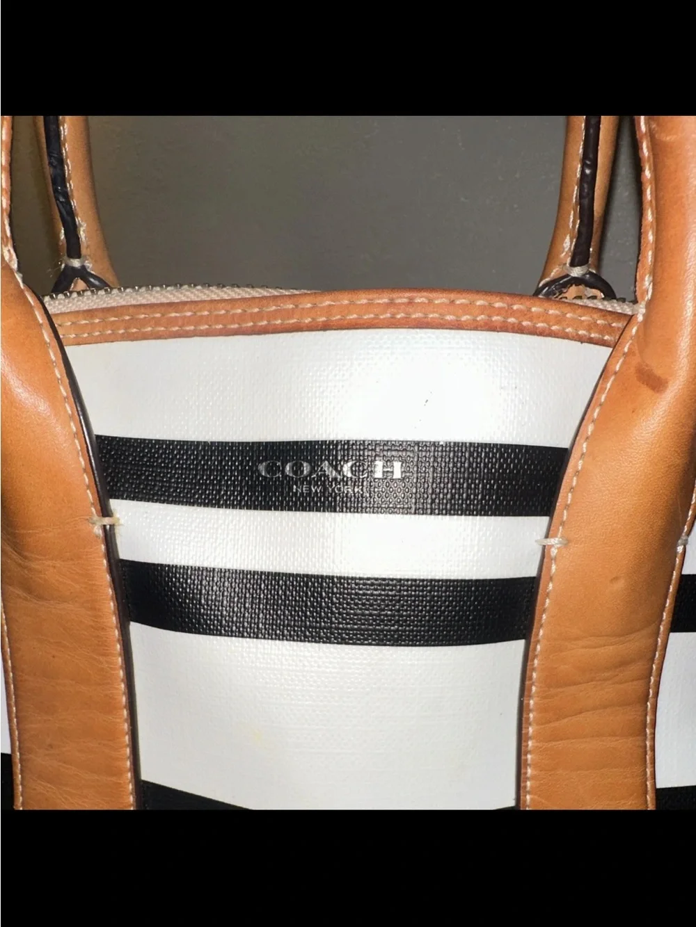 Coach Black, White & Tan Striped Dome Satchel